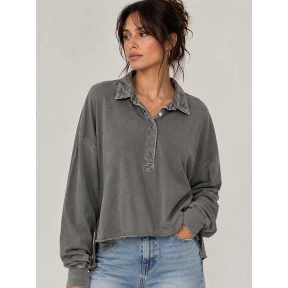 aerie Tops - Aerie Popover Polo Sweatshirt Oversized Large Graphic Wash Minimalist Lounge L